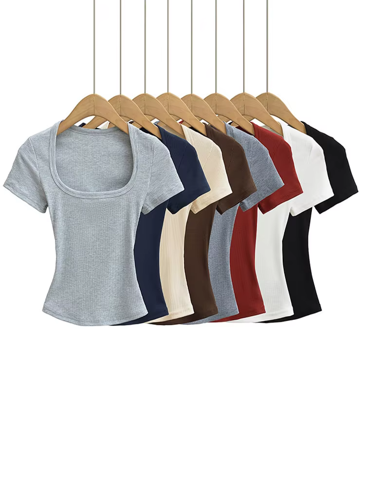 Col carré haute Stretch été culture hauts femmes à manches courtes hauts Sexy pull sommets Blouses m