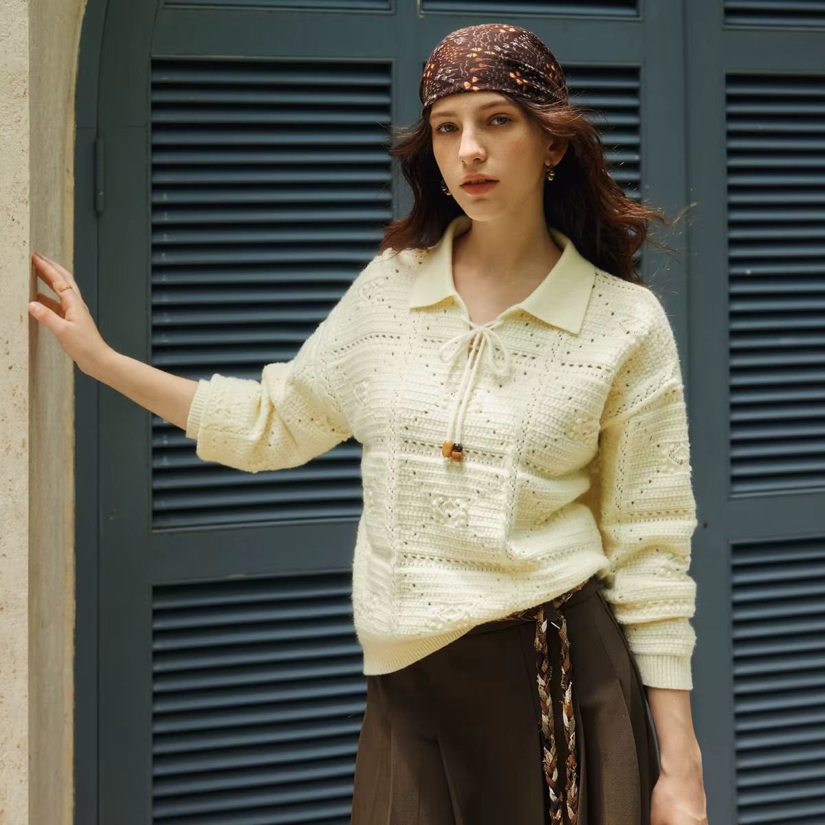 Pulls français OLrain pour femmes, col polo, à lacets, automne 2026, hiver, hauts amples élégants, v