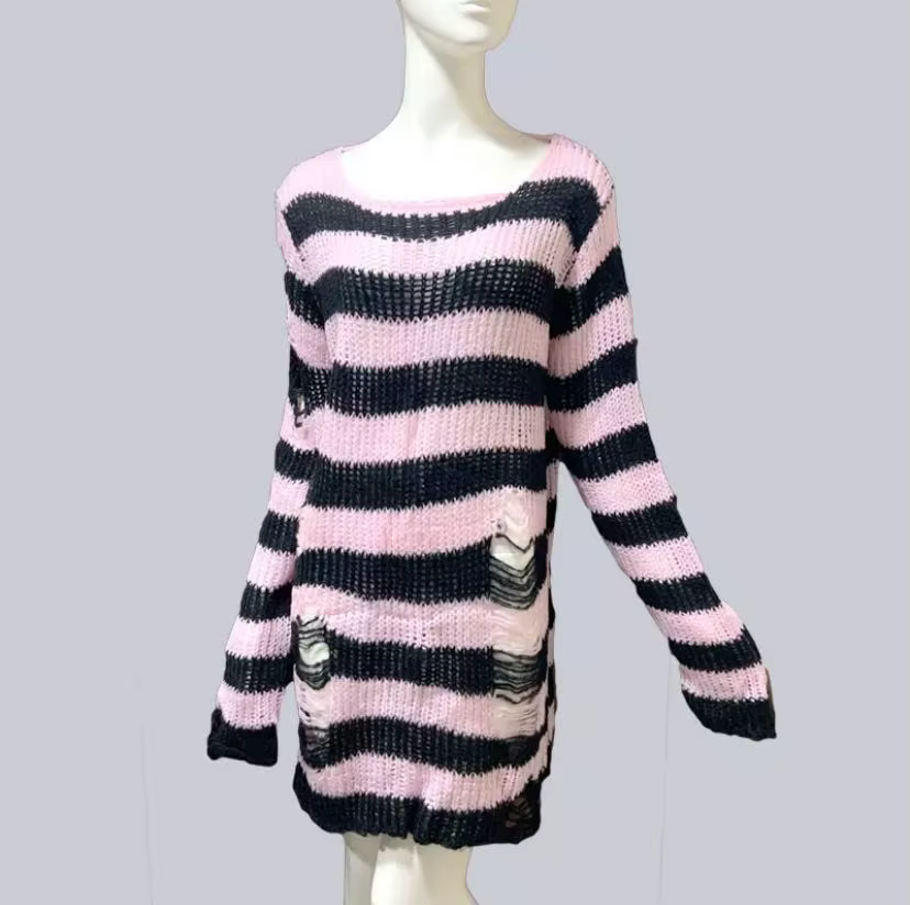Nouveau Punk gothique Long unisexe pull été femmes rayé Cool évider trou cassé pull ample Rock mince