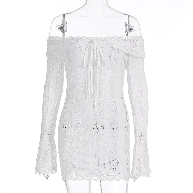 Robe longue blanche sexy en dentelle à manches longues, épaules dénudées, moulante, maxi, pour femme