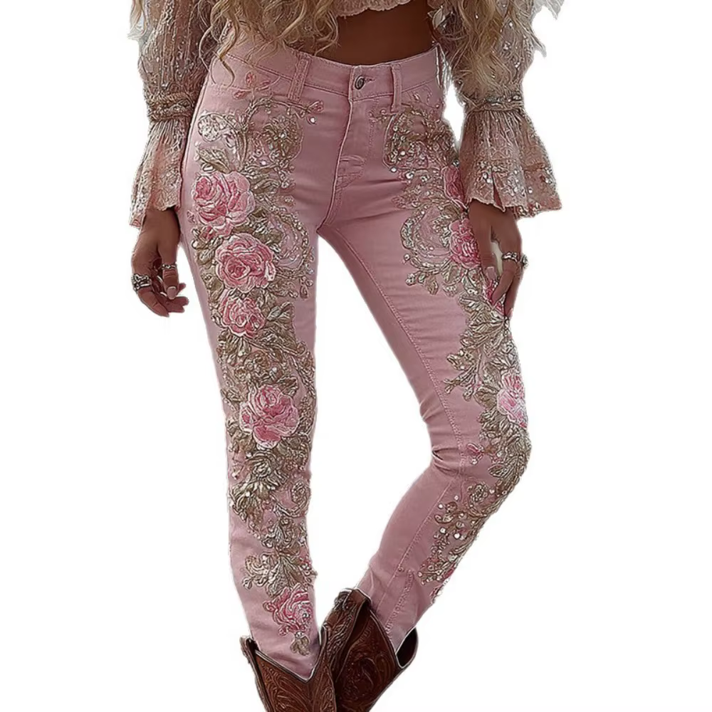 Pantalon en jean extensible pour femmes, imprimé floral 3D, coupe droite, décontracté