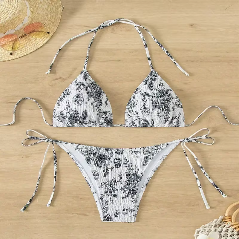 Sexy Floral Bikini 2 pièces ensemble femmes mode à lacets maillot de bain fendu dos nu plage Bikinis