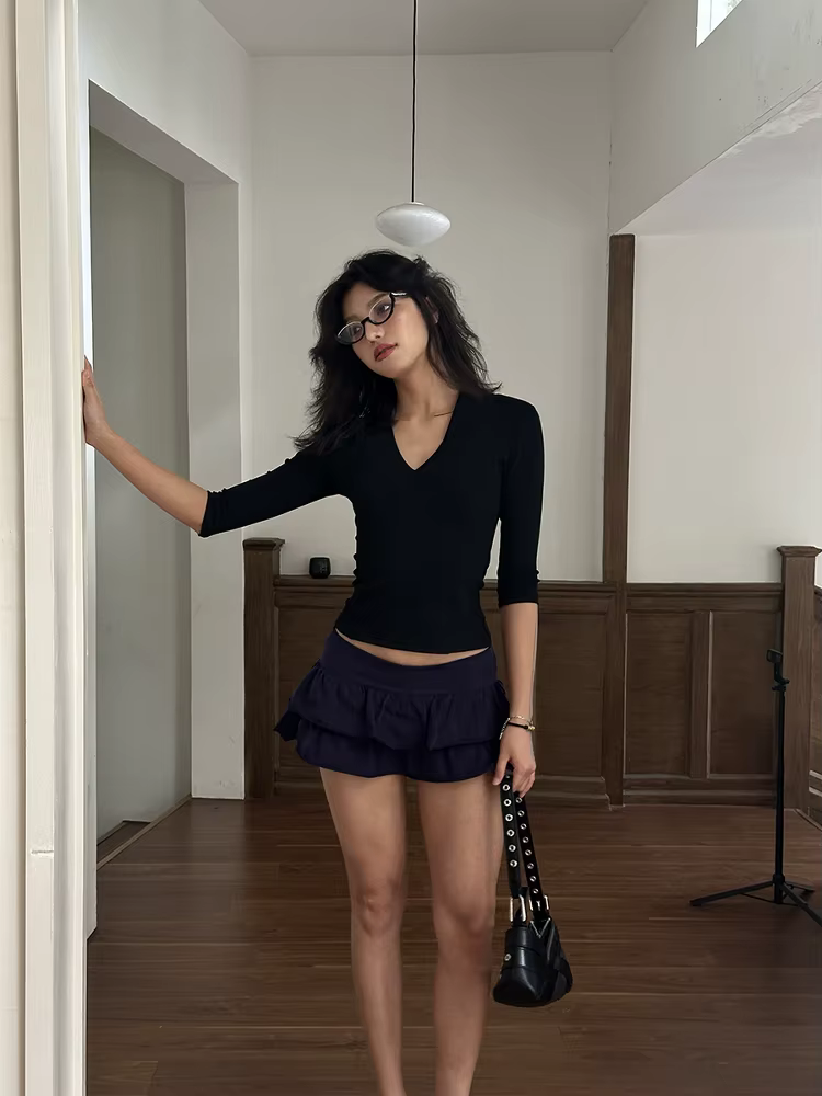 Yedinas col en v Streetwear noir T-shirt femmes vêtements demi manches mode coréenne mince été hauts
