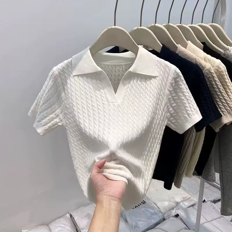 T-shirt à manches courtes en tricot pour femmes, printemps été, toutes occasions, hauts ajustés à co