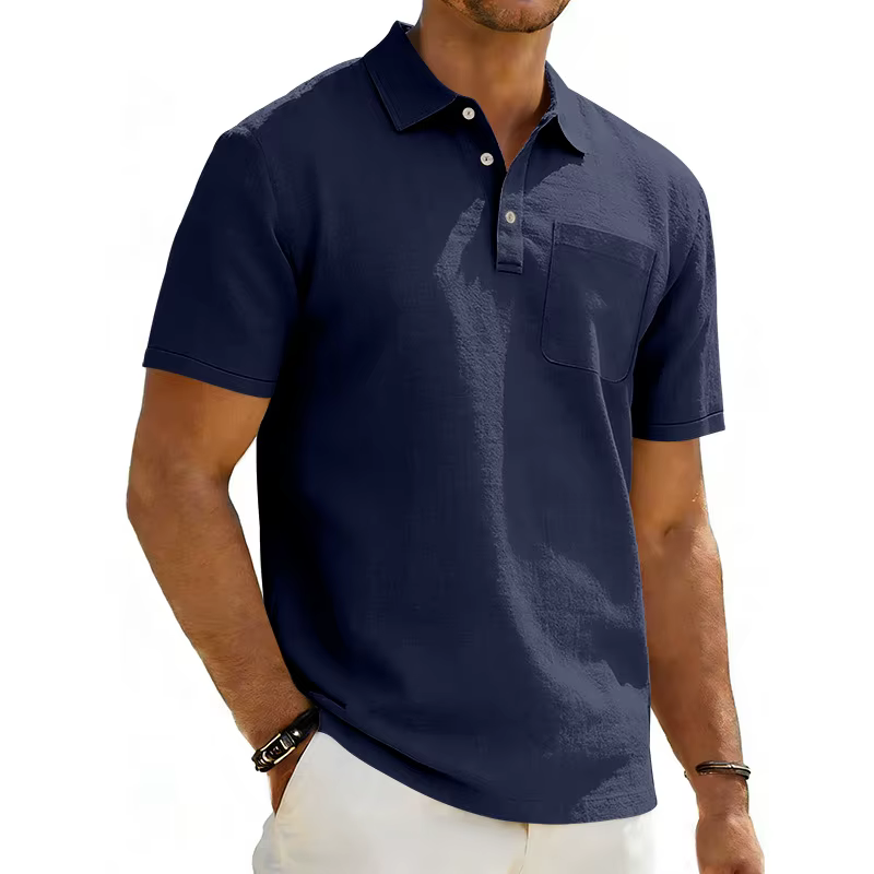 Polo à revers pour homme, T-shirt décontracté d'été en lin à manches courtes avec poche, haut ample