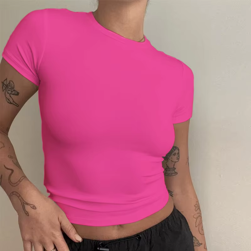 Femme vêtements à manches courtes T-shirt coupe ajustée hauts femme col rond tricoté gaine T-shirt v