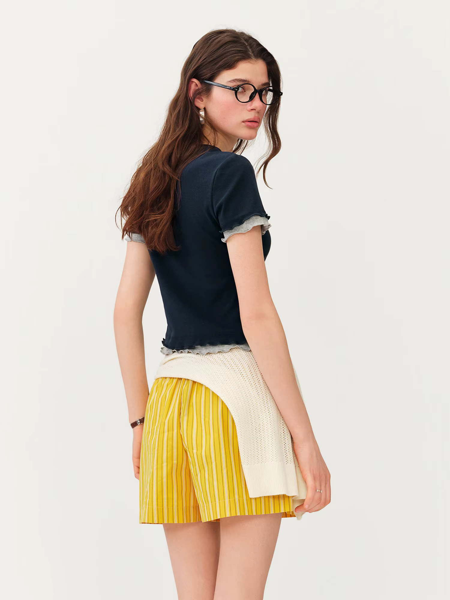 T-shirt à manches courtes en coton FSLE pour femme, effet deux pièces, couleur contrastante, style «