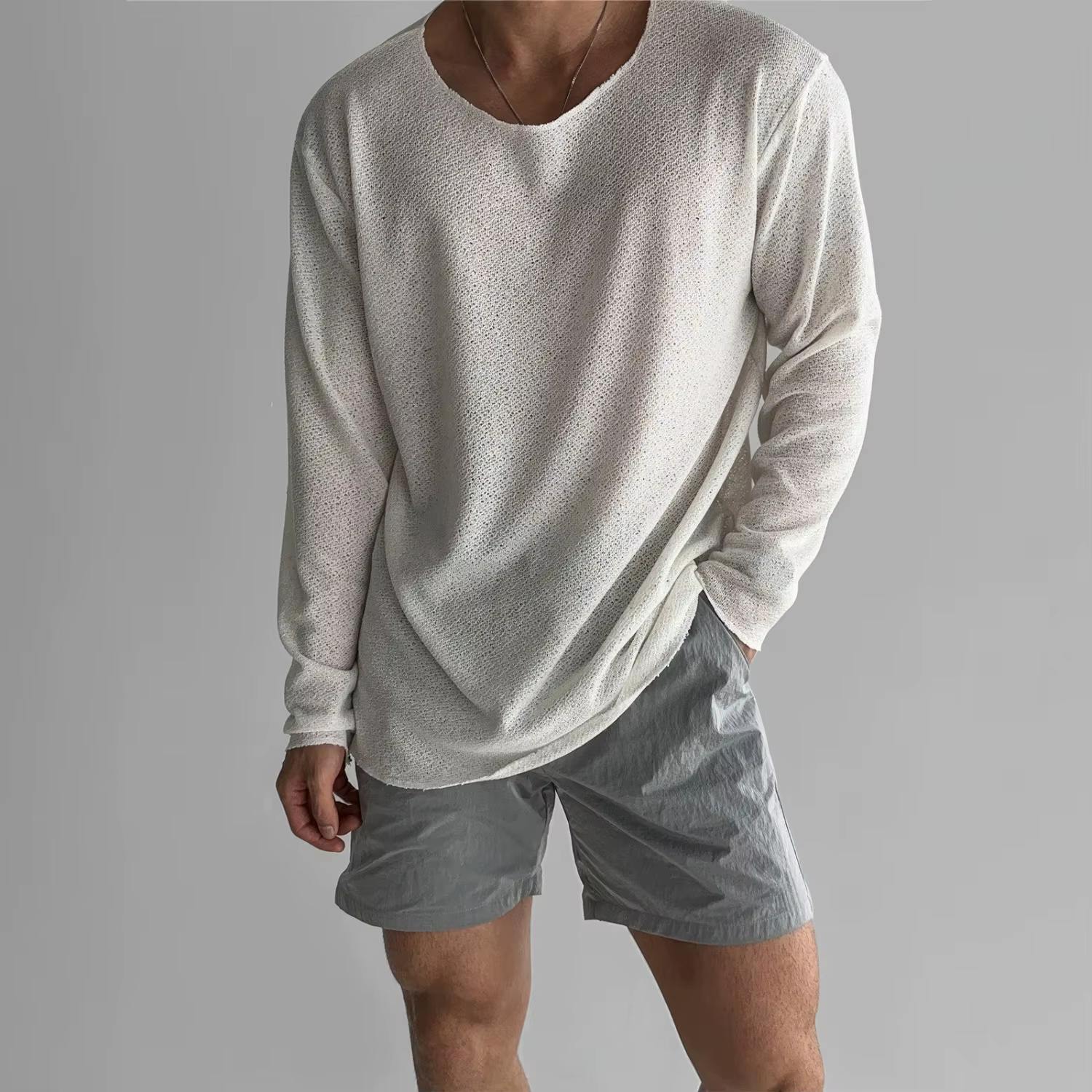 T-shirt en maille à manches longues pour homme, style décontracté et ample, idéal printemps-été, sty