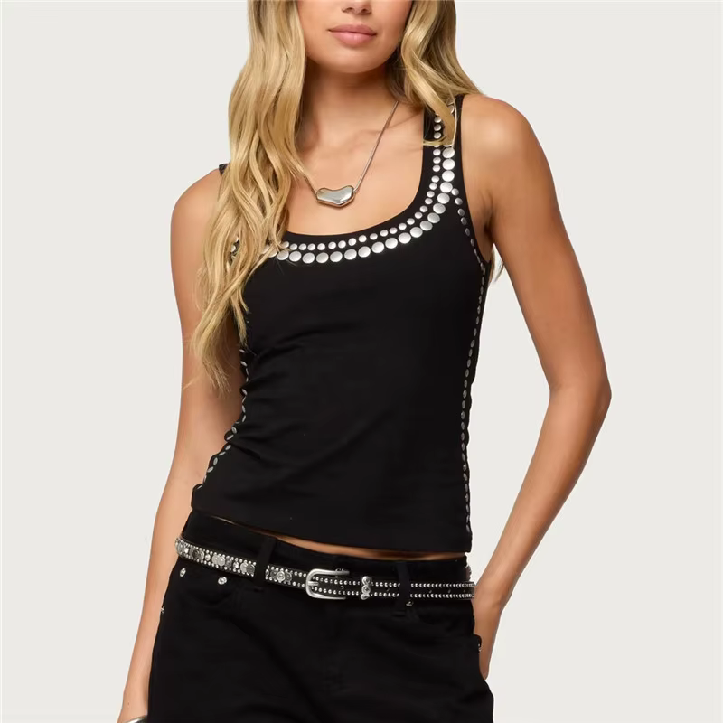 Débardeur chic pour femme avec rivets argentés, crop top sans manches sexy pour l'été, tendance Y2K