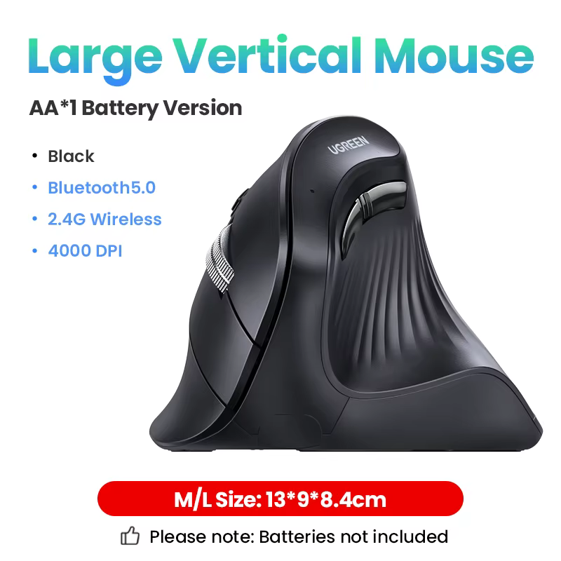 Souris verticale sans fil rechargeable UGREEN Bluetooth 5.0 2.4G ergonomique 4000 DPI pour MacBook, 