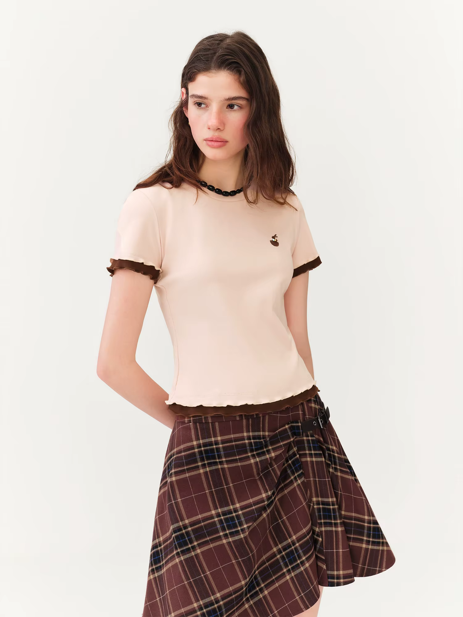 T-shirt à manches courtes en coton FSLE pour femme, effet deux pièces, couleur contrastante, style «