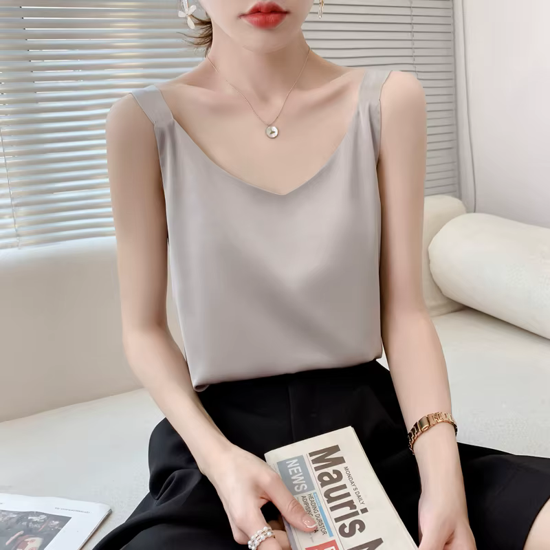 Camisole en soie pour femmes, costume d'été à l'intérieur, col en v, gilet à bascule en Satin, fin,