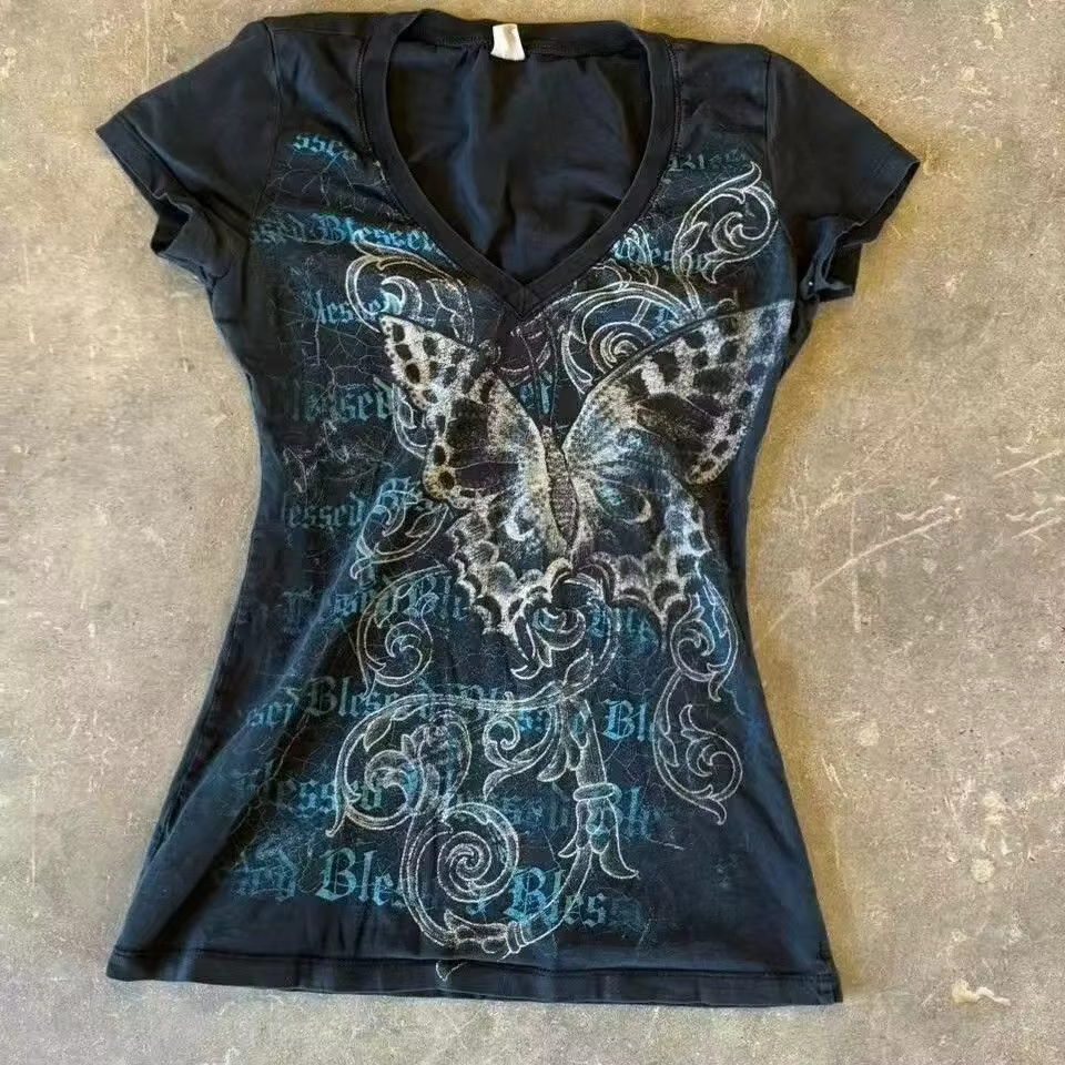 Harajuku fée recadrée papillon impression t-shirts Vintage Grunge haut femmes été Y2k esthétique déc