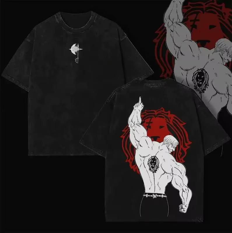 T-shirt imprimé double face Seven Deadly Sins Escanor Lion Sin, noir délavé, en coton surdimensionné