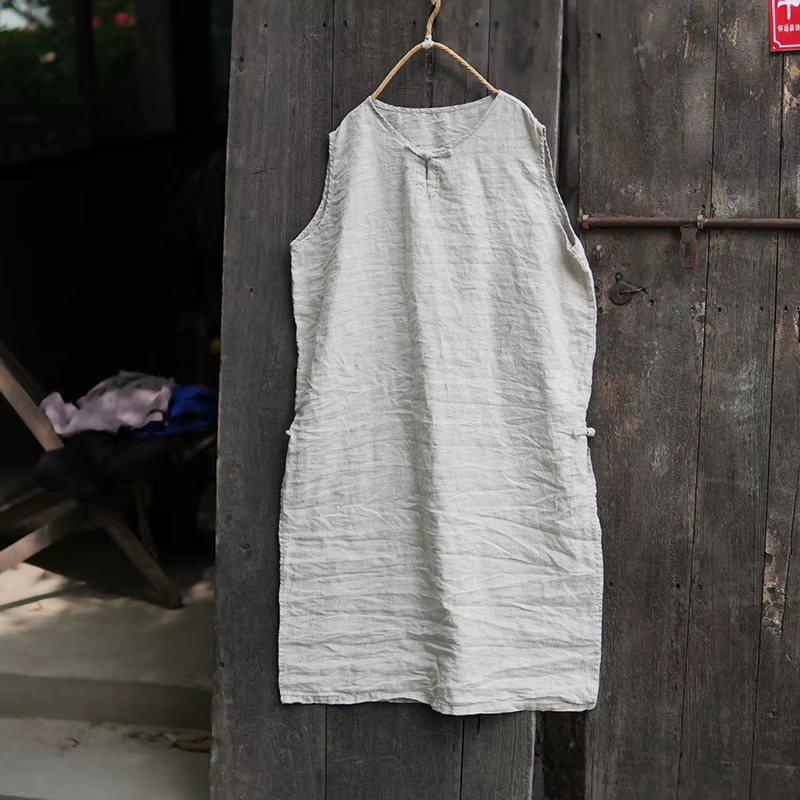 Robe gilet sans manches en coton et lin, tenue d'été naturelle, facile à la mode, Simple, ample, déc