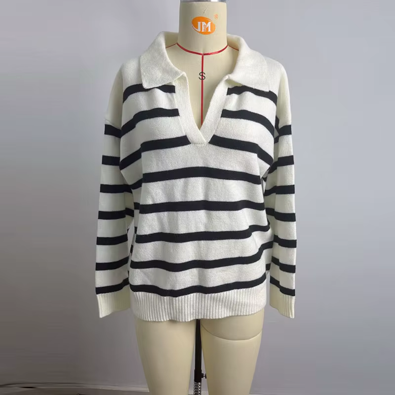 Pull tricoté rayé pour femmes, manches longues, col rabattu, pull de rue, décontracté, grande taille
