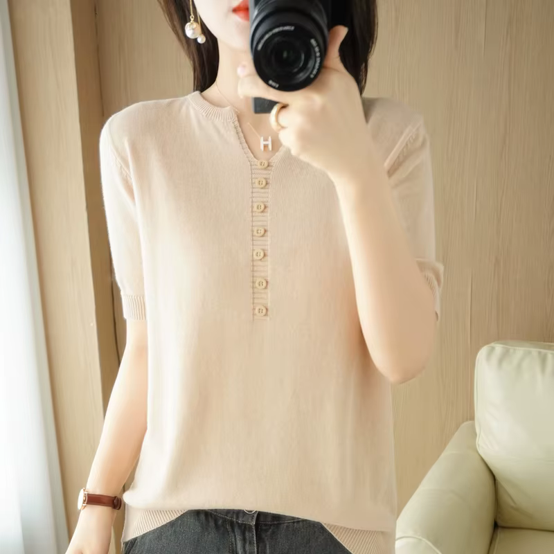 T-shirt à manches courtes et col en v pour femmes, 100% coton, Slim, pull-over, gilet, T-shirt à bou