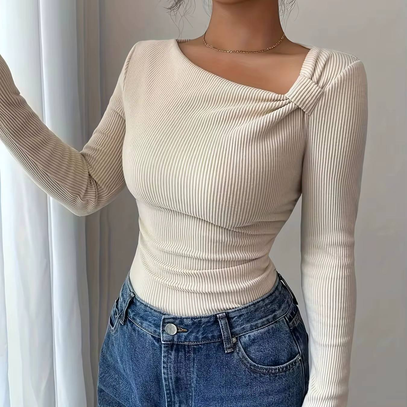 T-shirt élégant pour femme, tricoté, couleur unie, col asymétrique, manches longues, plissé, coupe a