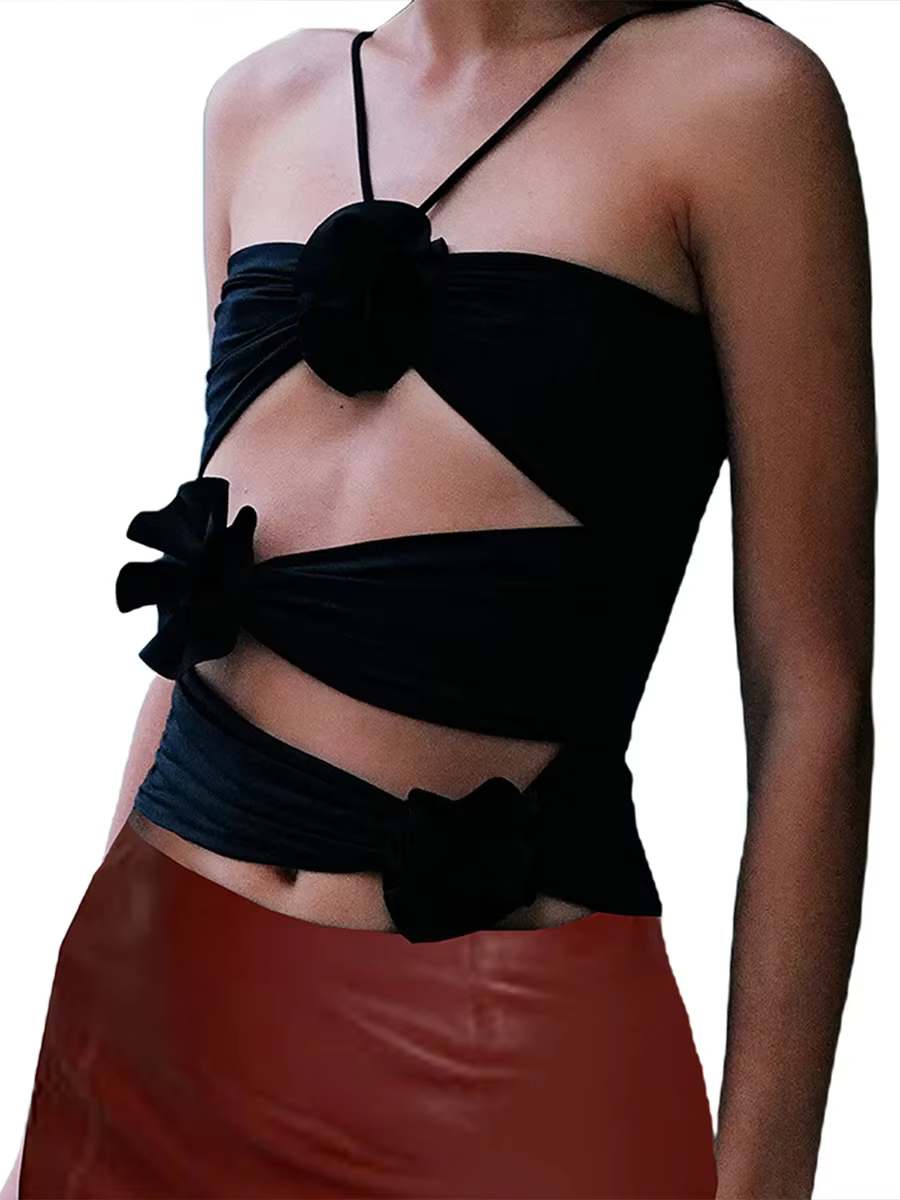 Haut court à bretelles florales 3D pour femmes, sans manches, moulant, découpé, col licou, Camisole 
