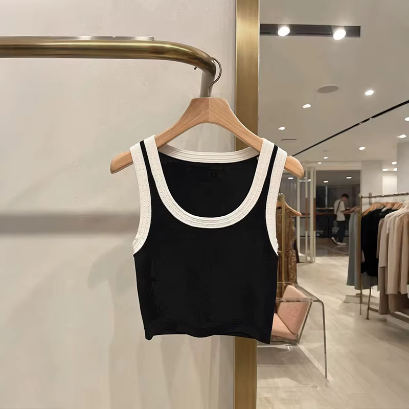 Gilet en tricot sans manches pour femme avec bordure contrastante, haut à col en U ou jupe plissée t