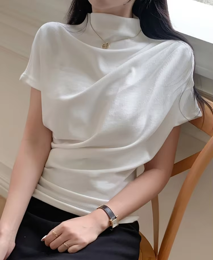 T-shirt à demi col roulé pour femmes, haut court en coton, vêtements pour femmes, été