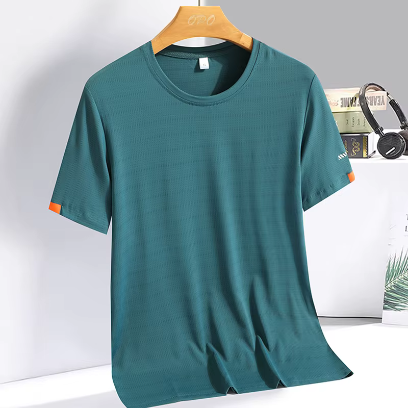 T-shirt d'été en soie glacée pour hommes, sweat-shirt col rond, Simple, costume de course, Fitness, 