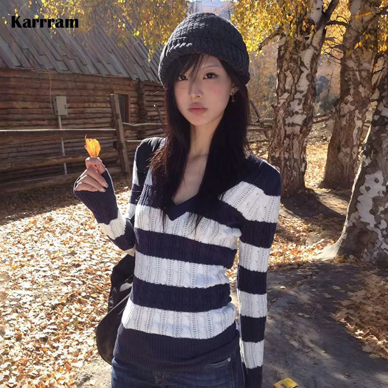 Karrram japonais Y2k col en v rayé pull Vintage Harajuku tricot mince pulls Style coréen hiver trico