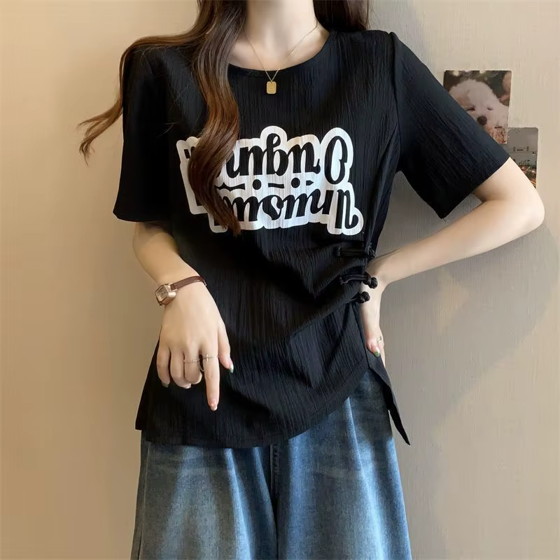 T-shirt imprimé à manches courtes pour femme grande taille, populaire en été, avec design de boucle 