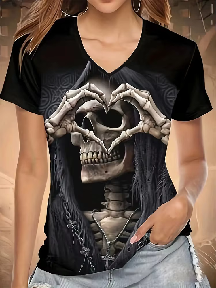 Chic crâne noir T-shirt femmes col en V à manches courtes été décontracté imprimé T-shirt pull