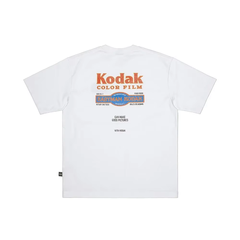T-shirt unisexe avec logo coloré style Kodak des années 90, blanc, décontracté, col rond, manches co