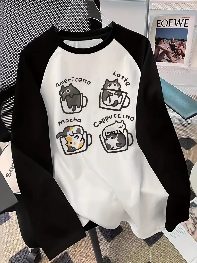 Café chat T-Shirt à manches longues chemise imprimée drôle Hip Hop années 90 T-Shirt femme décontrac