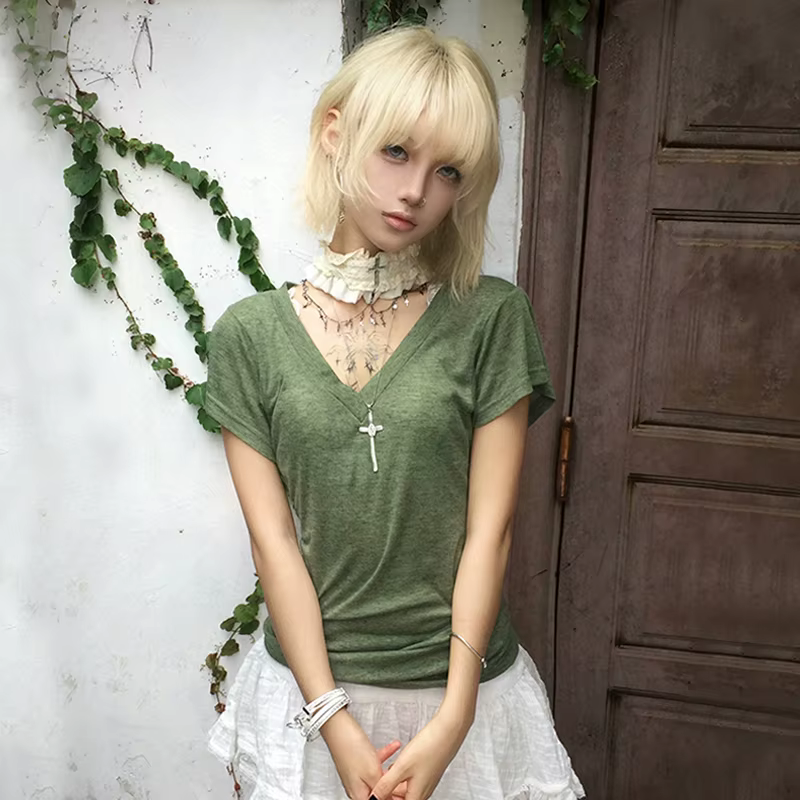 Karrram japonais Y2k vert tricoté T-shirt Trashy 2000s Style col en v haut Vintage Harajuku manches