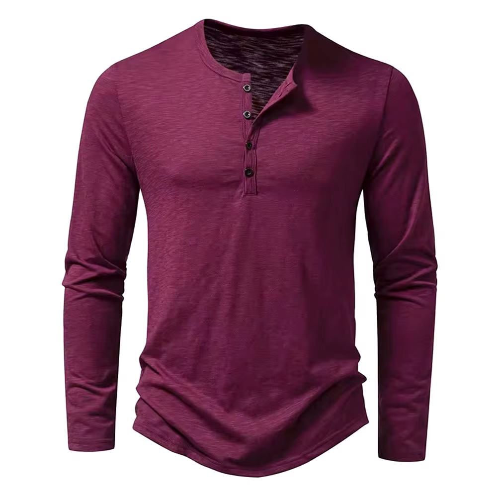 T-Shirt à Manches sulfet Col Henley en Coton pour Homme, Décontracté, Solide, Respirant, Polyvalent,