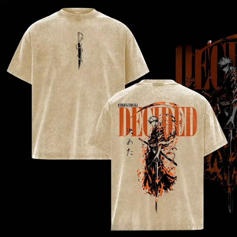 T-shirt imprimé BLEACH Kurosaki Ichigo pour hommes et femmes, en coton lavé, style manga vintage, Ha