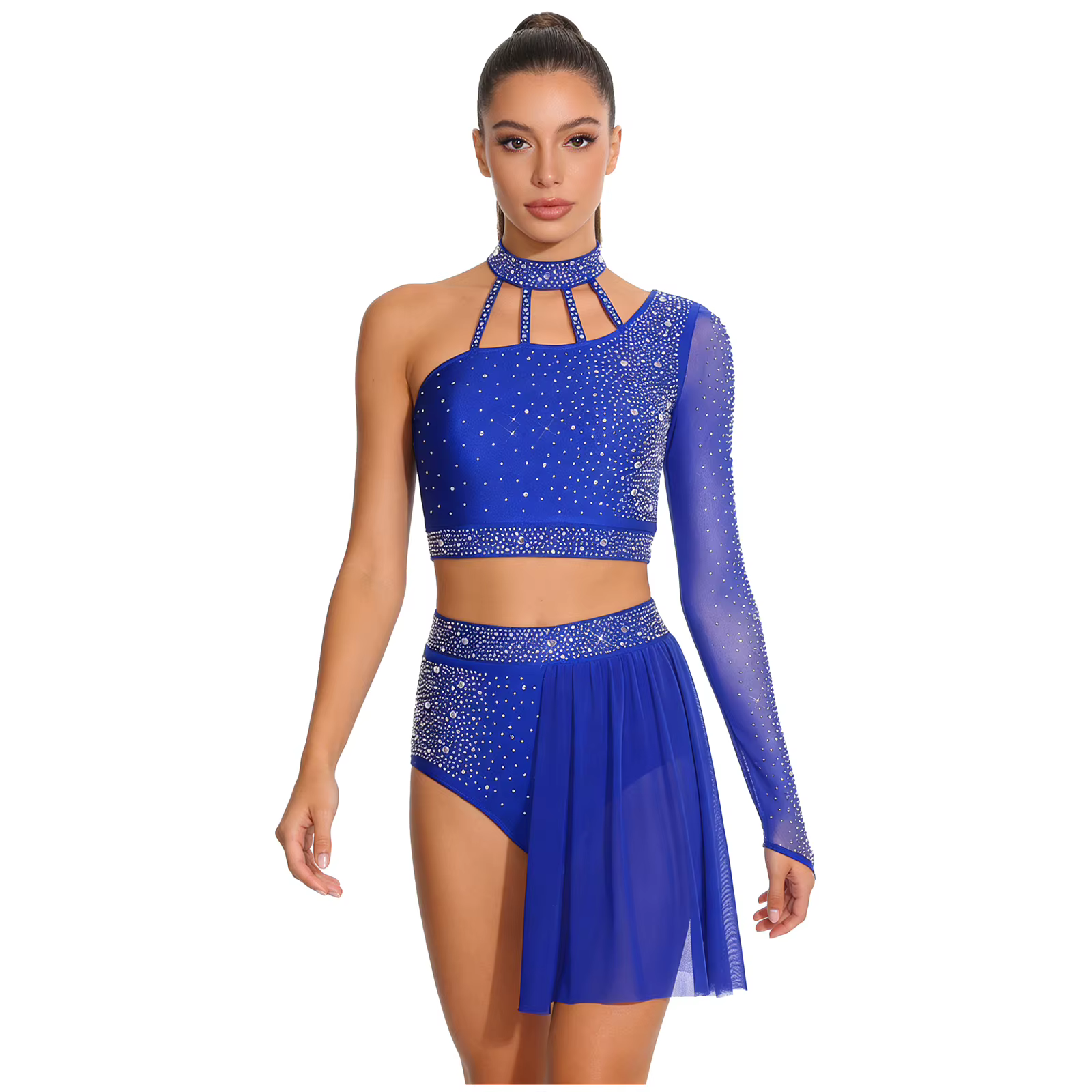 Tenue de danse latine pour femmes, Design licou asymétrique et haut court à manches longues avec sho