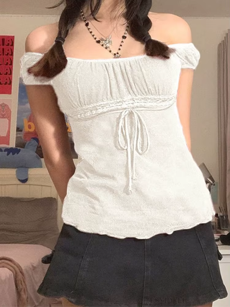 T-shirt en dentelle pour femmes, épaules dénudées, avec cordon de serrage, mode coréenne, fée Grunge