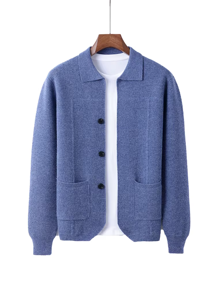 Cardigan Triblockchain en Laine Mérinos pour Homme, Col à Revers, Épais, Solide, Document Polo, Chem
