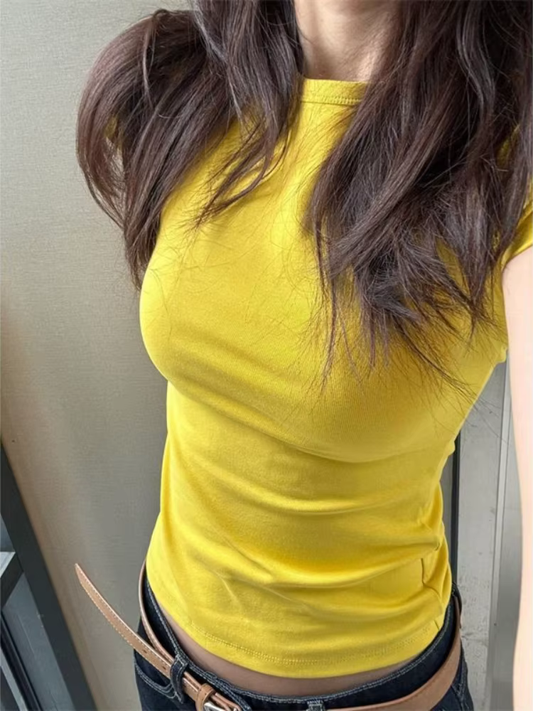 Hauts en coton jaune pour femmes, tenue d'été Slim, t-shirt pour femmes, vêtements esthétiques, vent
