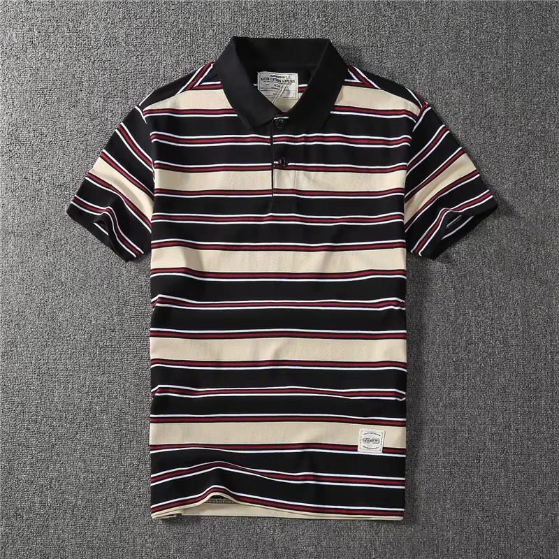 Coton épais May kaki vintage couleur contraste revers rayé polo à manches courtes T-shirt hommes mod