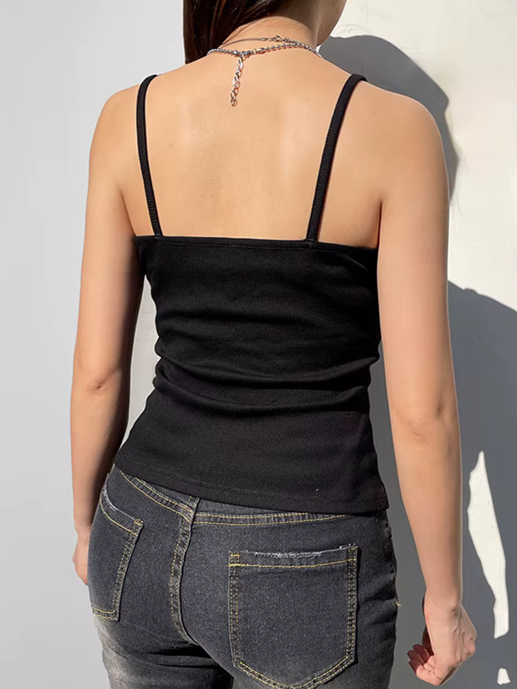 Haut court sans manches avec boutons pliables, Sexy, noir, Vintage, Y2K, Corset, T-shirt basique déc