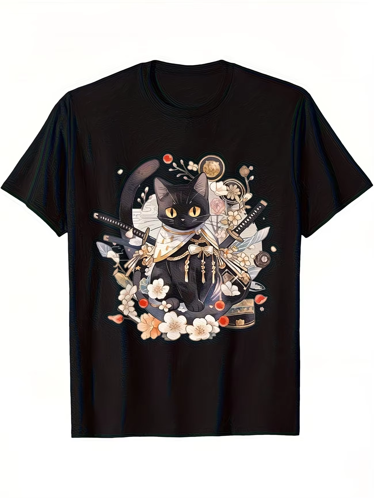 T-shirts Anime Samurai Cat - Impression d'art Ninjutsu japonais, col rond à manches courtes, style d