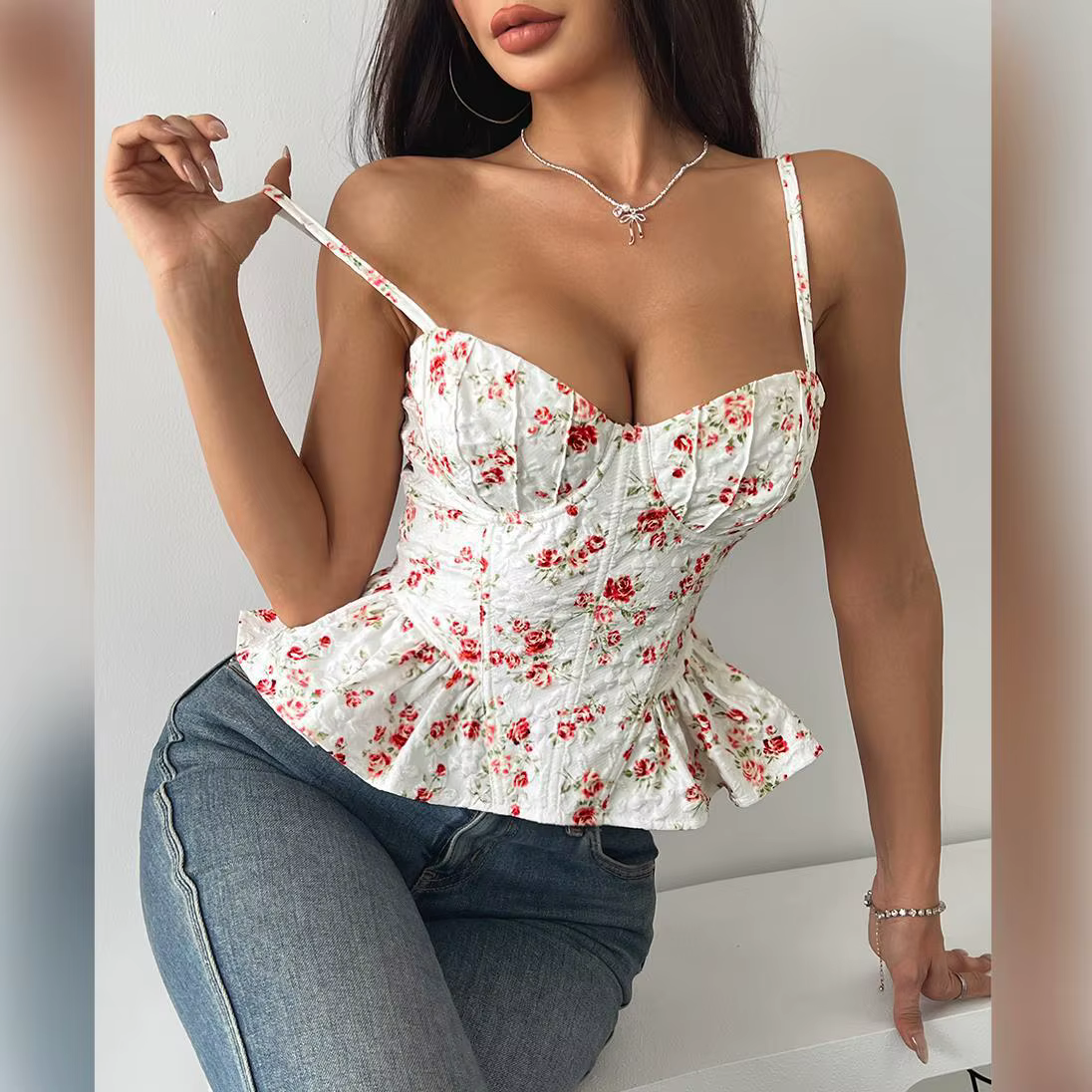 Femmes Floral été haut Corset Sexy dos nu à lacets asymétrique à volants ourlet Bustier Cami Y2K Dat