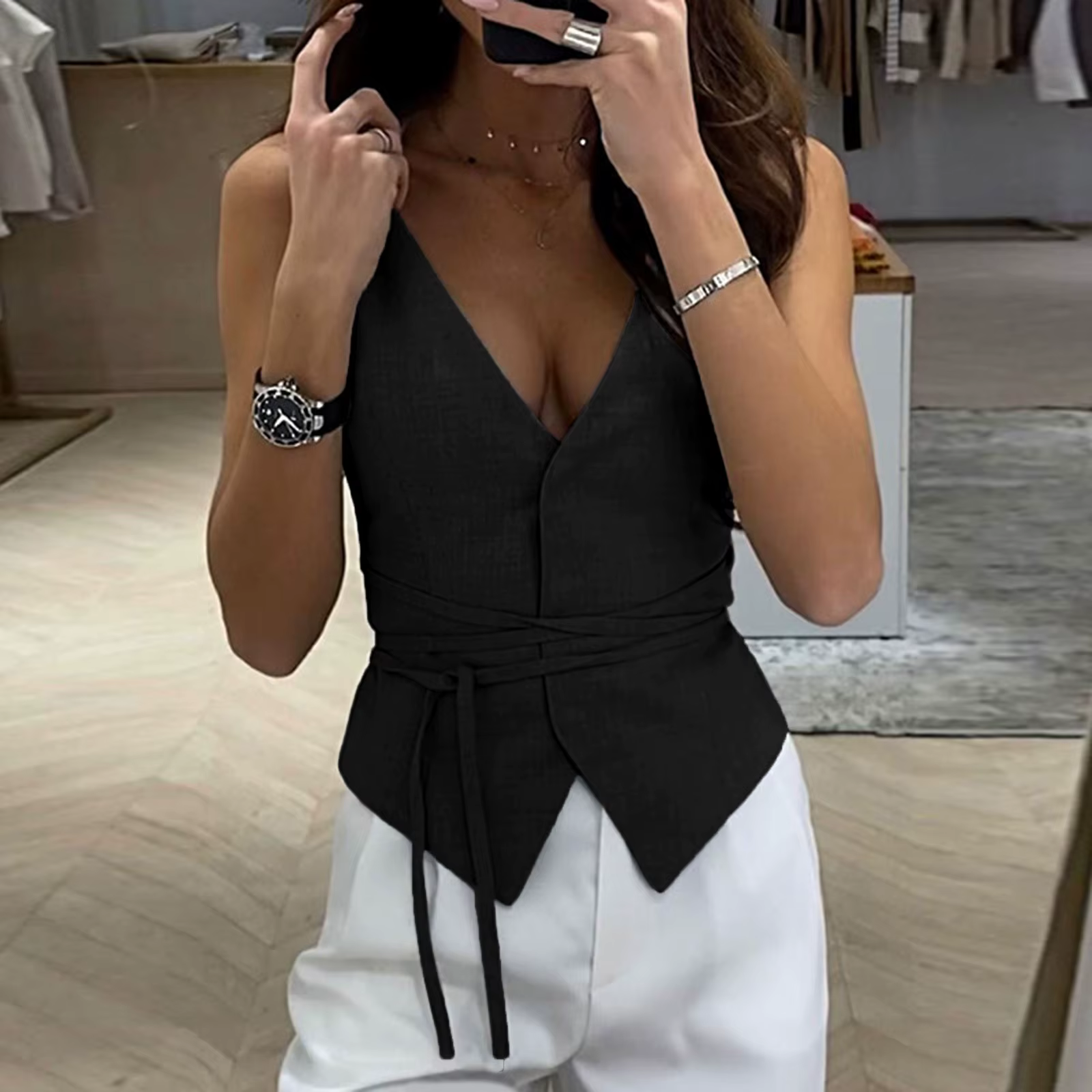 Hauts d'été pour femmes, mode élégante, Style anglais, couleur unie, col en V, gilet pliable, hauts 