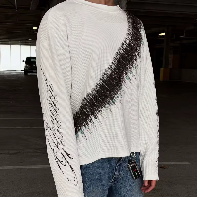 2025 Nouveau y2k Bullet Lettre Imprimé Américain Rétro Manches Longues T-shirt Street Style Casual L