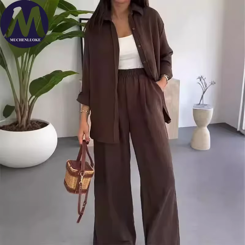 Ensemble 2 pièces mode été pour femme : chemise polyvalente à manches longues et revers, et pantalon