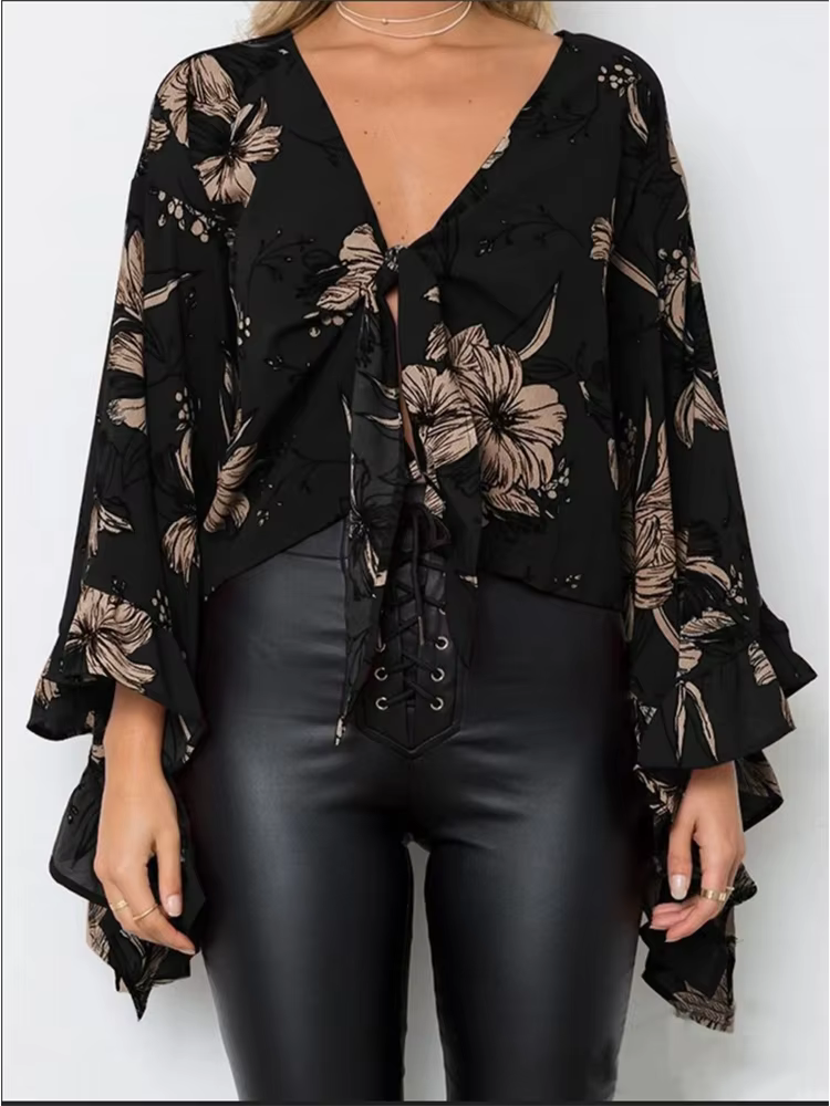 T-shirt à manches longues imprimé floral pour femme, col en V élégant, haut pétale noir, chemisier d