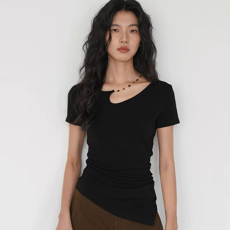 T-shirts Femme Noire 2026 – Tunique à Manches Courtes en Coton Y2K – Hauts Décontractés et Sexy pour