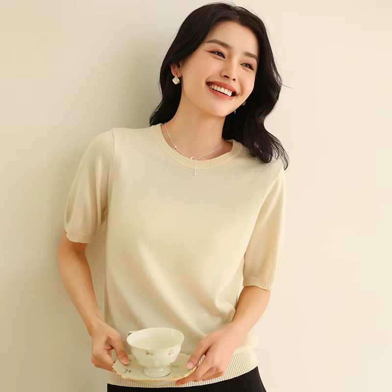 T-shirt d'été 100 % pur coton pour femme, décontracté, uni, tricoté, à manches courtes, col rond, co