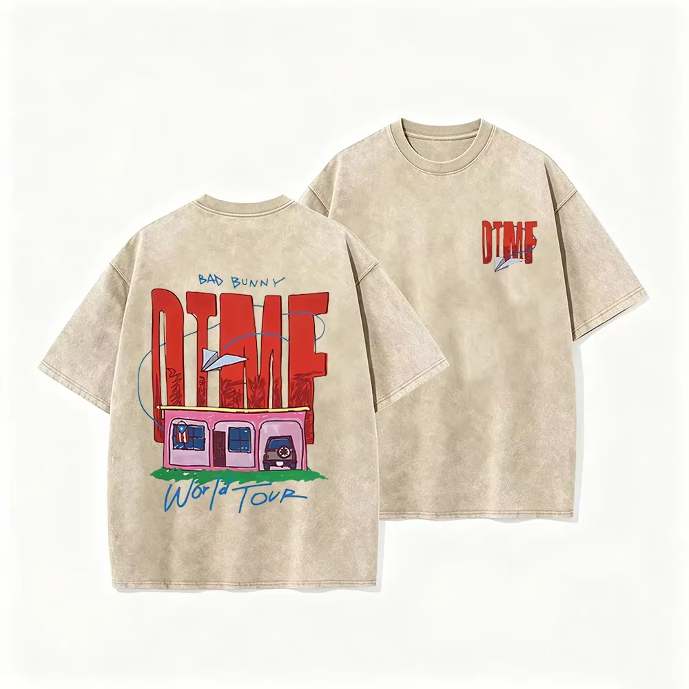 T-shirt vintage délavé beige 2026 Bad Bunny DTMF World Tour Graphic Tee unisexe décontracté streetwe