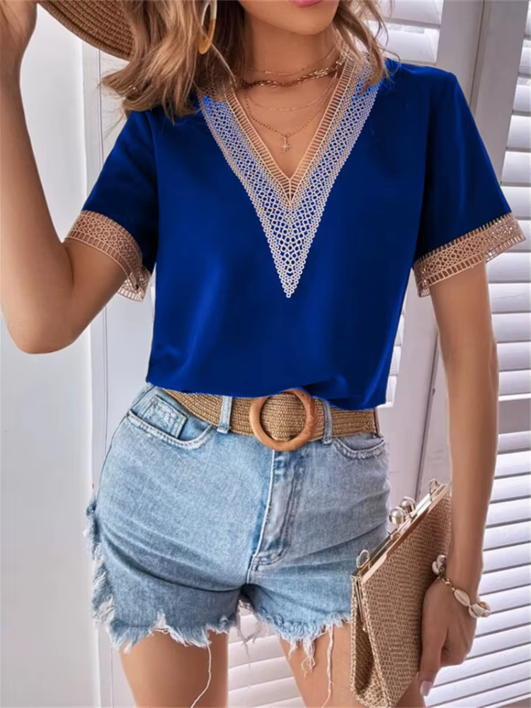 Nouveaux T-shirts pour femmes à col en V en dentelle, élégants et polyvalents, à manches courtes, no